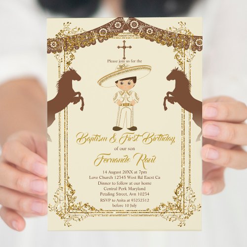 Mexican Gold Brown Fiesta Boy Baptism Christening  Invitation