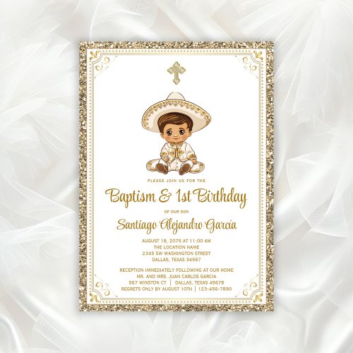 Mexican Gold Charro Baptism  Birthday Invitation