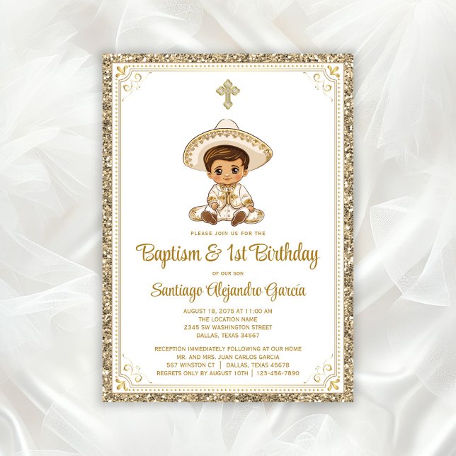 Mexican Gold Charro Baptism & Birthday Invitation (Adorable little charro baptism invitation. All of the text can be changed as needed for your event.)
