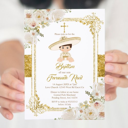 Mexican Gold Fiesta Boy Baptism Christening Invitation