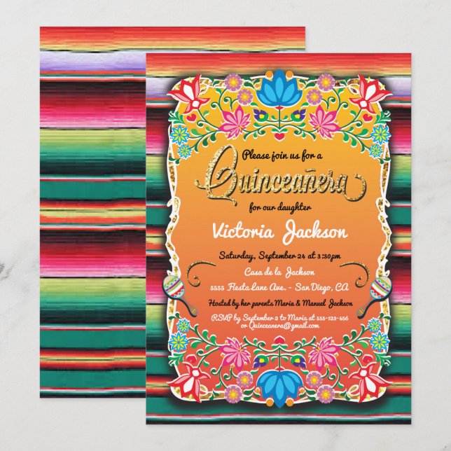 Mexican Gold Fiesta Quinceañera Inviations Invitation (Front/Back)