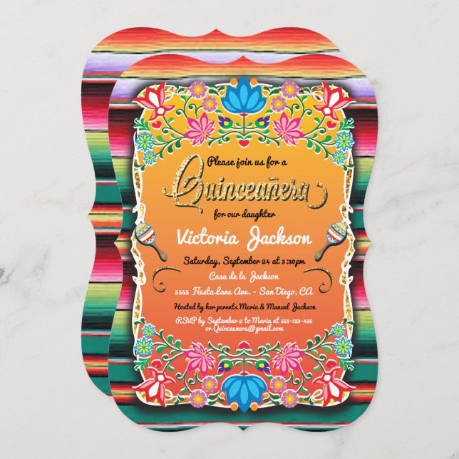Mexican Gold Fiesta Quinceañera Inviations Invitation (Front/Back)
