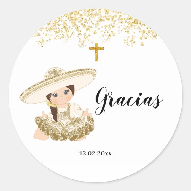 Mexican Gold Girl Charrita Baptism Sticker (Front)