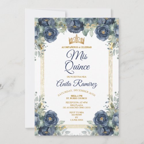Mexican Gold  Navy Blue Roses 15 Anos MIS QUINCE Invitation
