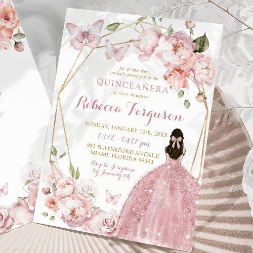 Mexican Gold Pink Floral Princess Quinceaera  Invitation