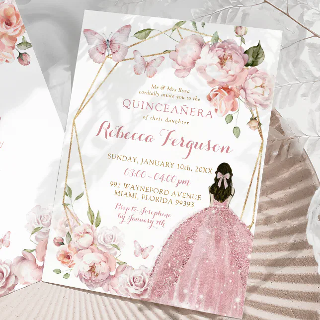 Mexican Gold Pink Floral Princess Quinceañera Invitation | Zazzle