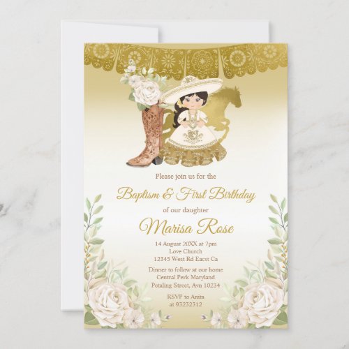 Mexican Gold White Floral Baptism Fiesta Birthday  Invitation