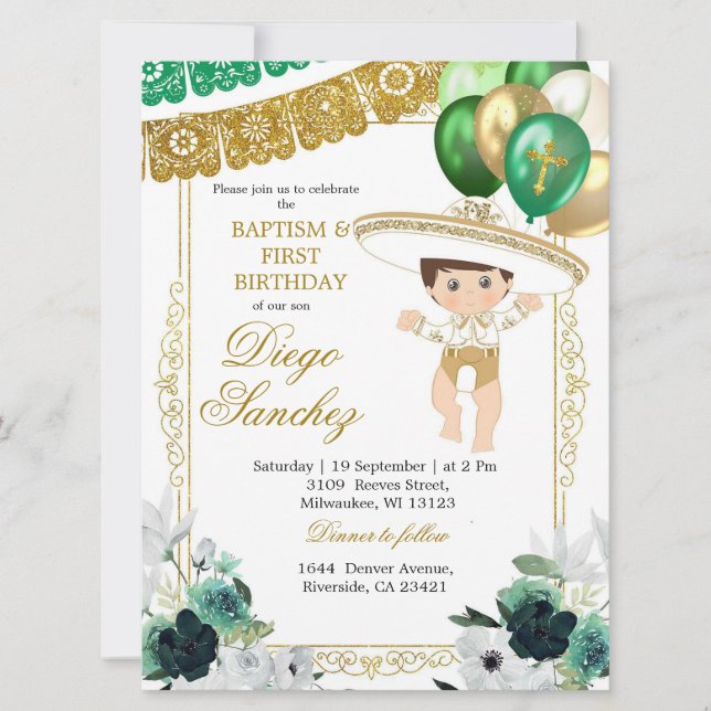 Mexican Green Gold Charro Baptism and Birthday  Invitation (Front)