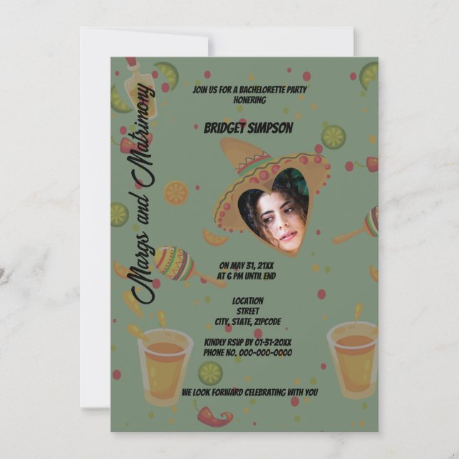 mexican green margs & matrimony Bachelorette photo Invitation (Front)