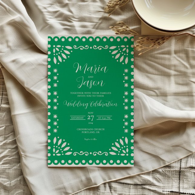 Mexican Green Papel Picado Traditional Wedding Invitation (Mexican Green Papel Picado Traditional Wedding Invitation)