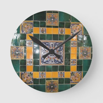 Mexican Green Talavera Style Tile Work Round Clock by beautyofmexico at Zazzle