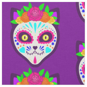 mexican halloween cat sugar skull  fabric