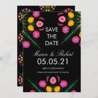 Mexican Hand Drawn Floral Black Pink Save the Date