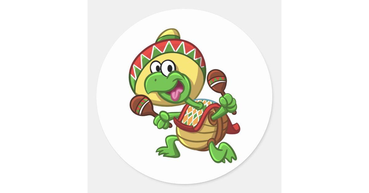 Mexican Happy Turtle Cartoon | Choose Back Color Classic Round Sticker |  Zazzle