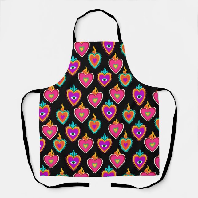 Mexican Heart Ethnic Embroidery Black Apron (Front)