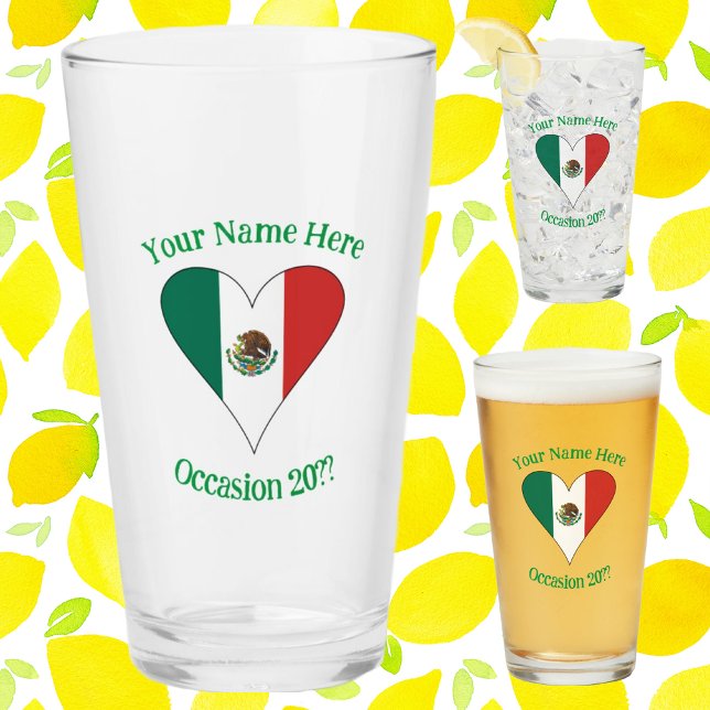 Mexican Heart Flag Green Personalized Text  Glass (Creator Uploaded)