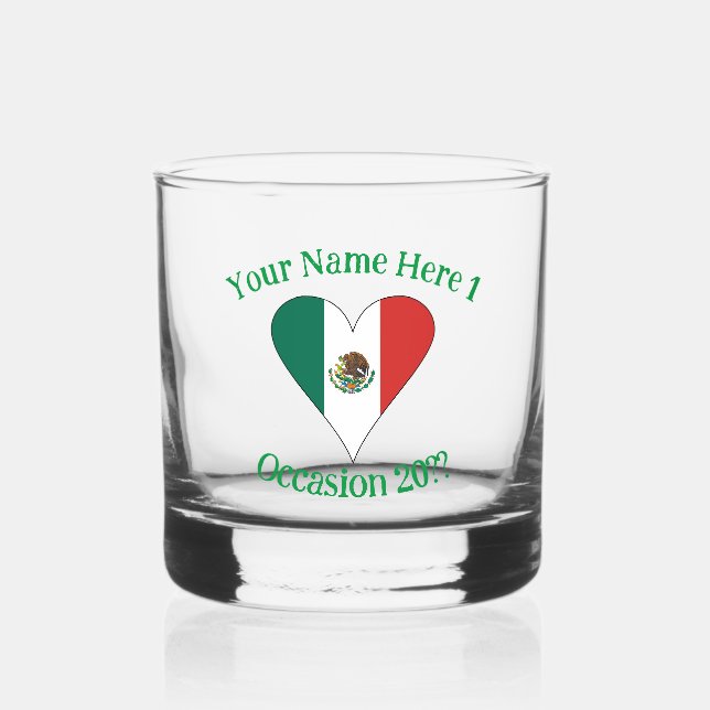 Mexican Heart Flag Green Personalized Text  Whiskey Glass (Front)