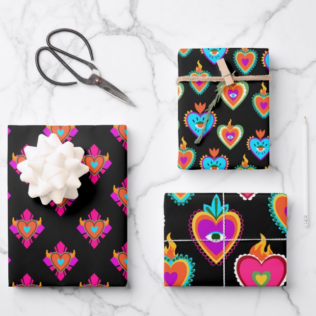 Mexican Heart Party Black  Wrapping Paper Sheets (Front)