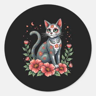 Mexican Heritage Cat Sugar Skull With Flowers Classic Round Sticker