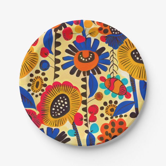 Mexican Heritage Floral Print Paper Plates (Front)