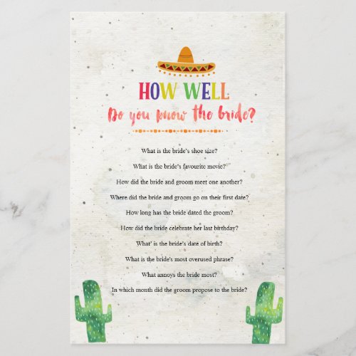 Mexican How well do you know The Bride Game card