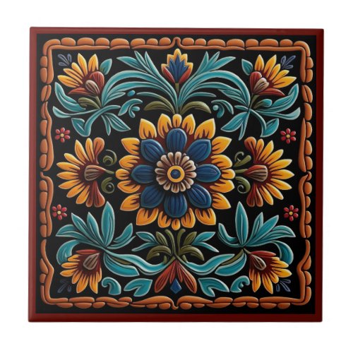 Mexican huichol art style ceramic tile