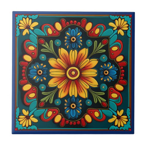 Mexican huichol art style ceramic tile