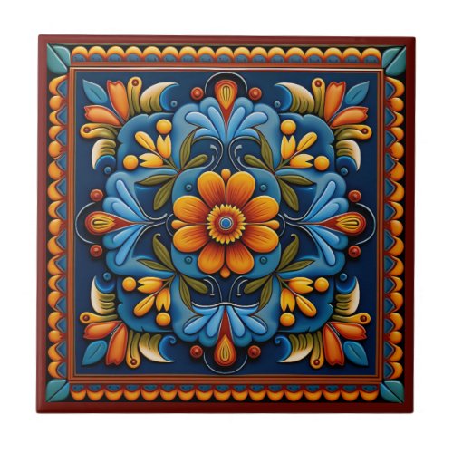 Mexican huichol art style ceramic tile