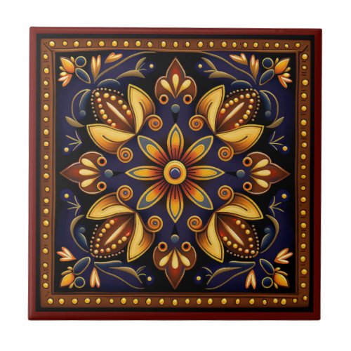 Mexican huichol art style ceramic tile