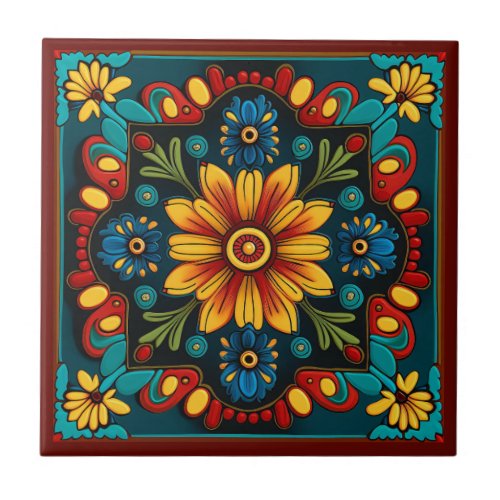 Mexican huichol art style ceramic tile