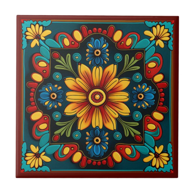 Mexican huichol art style ceramic tile (Front)