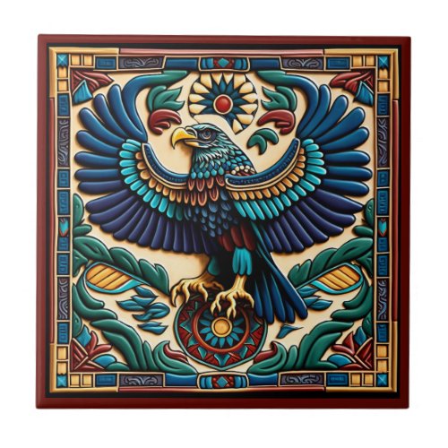 Mexican huichol art style eagle ceramic tile