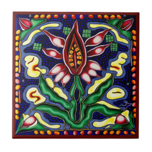 Mexican huichol art style lily ceramic tile