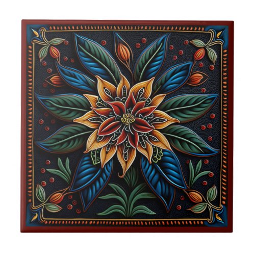 Mexican huichol art style lily ceramic tile