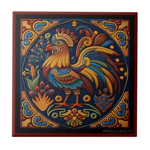 Mexican huichol art style rooster ceramic tile