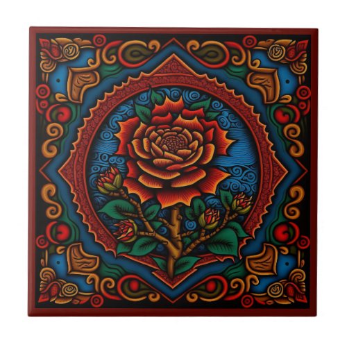 Mexican huichol art style rose ceramic tile