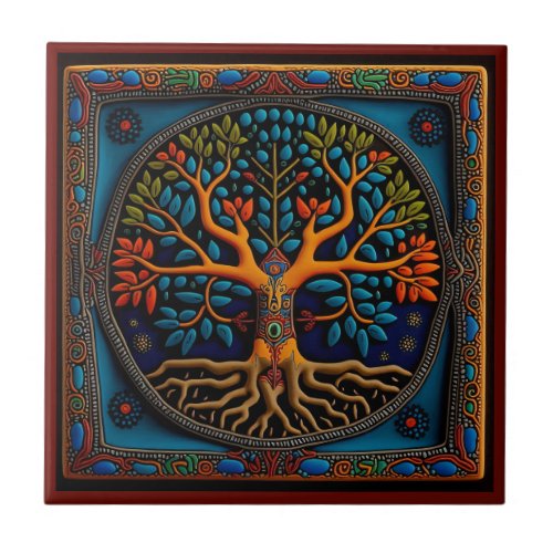 Mexican huichol art tree of life ceramic tile