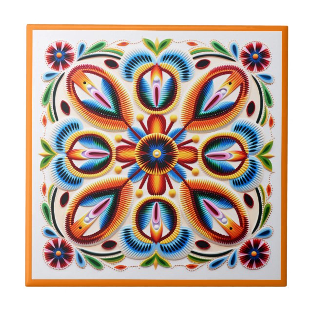 Mexican huichol flower ceramic tile (Front)