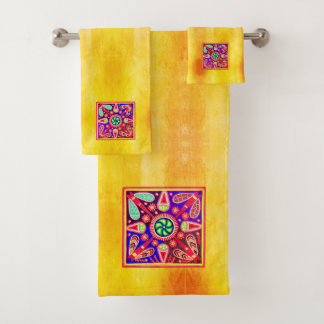 Mexican Huichol Golden & Purple Art Patterns Bath Towel Set