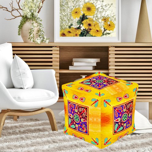 Mexican Huichol Golden  Purple Art Patterns Pouf