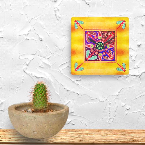 Mexican Huichol Golden  Purple Art Patterns Square Wall Clock