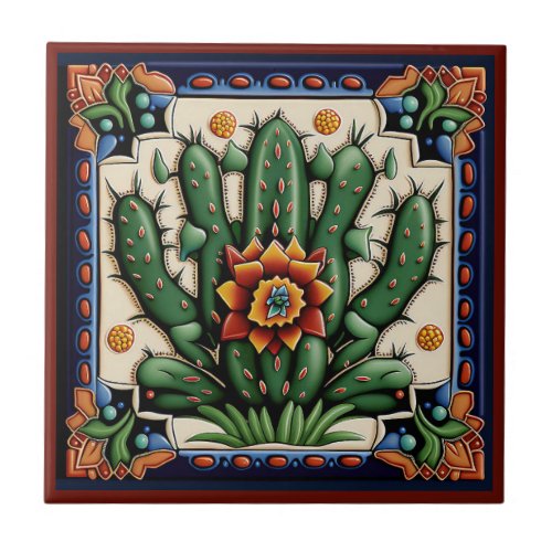 Mexican Huichol style cactus ceramic tile 1212