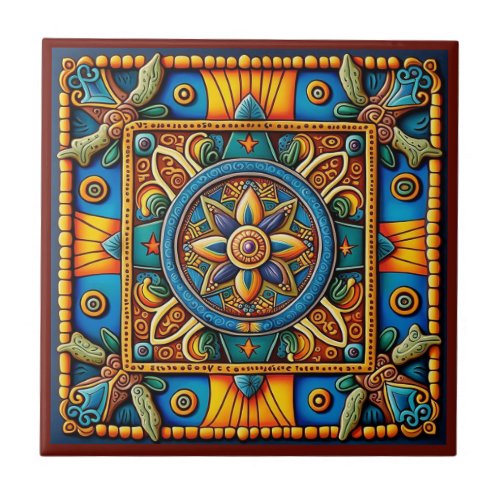 Mexican Huichol style ceramic tile 212