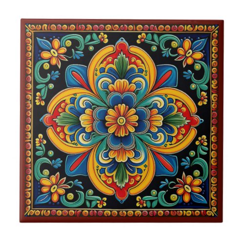 Mexican Huichol style flower ceramic tile 1012