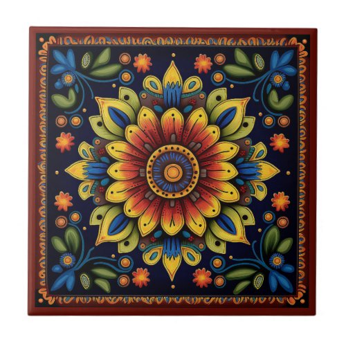 Mexican Huichol style flower ceramic tile 1112