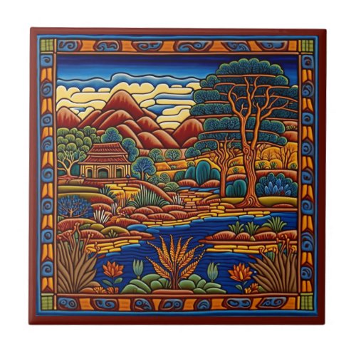 Mexican Huichol style landscape ceramic tile 712