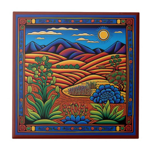 Mexican Huichol style landscape ceramic tile 812