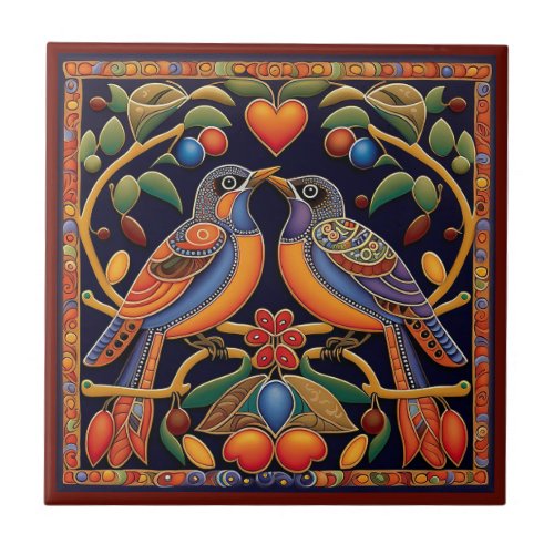 Mexican Huichol style love birds ceramic tile 612