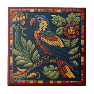 Mexican Huichol style parrot ceramic tile 4/12