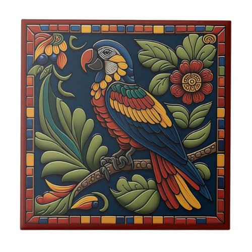Mexican Huichol style parrot ceramic tile 412